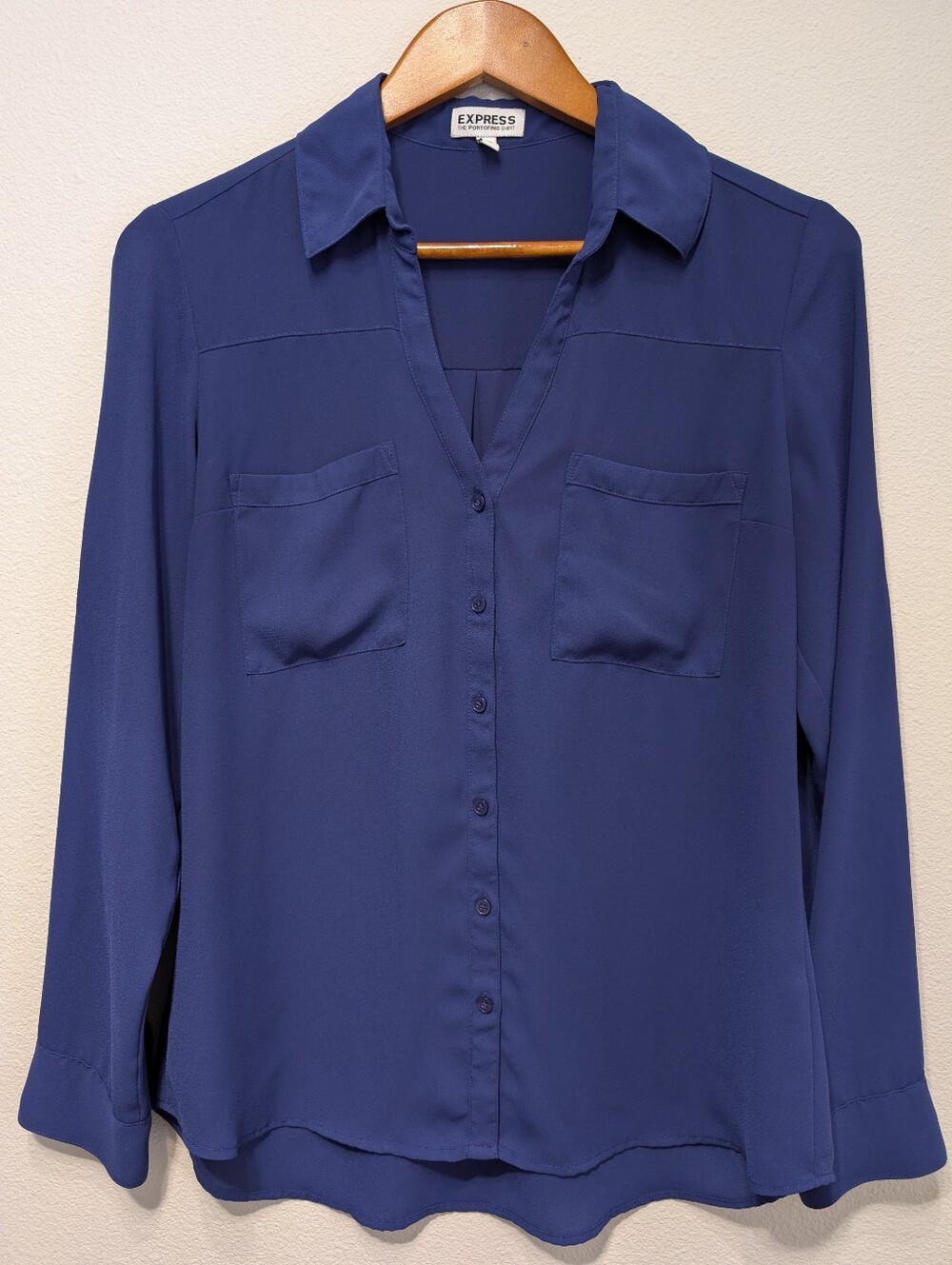 Express Women's Deep Blue Button-Front Shirt